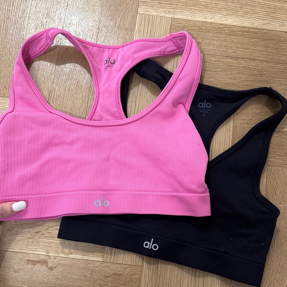 ALO Yoga Ribbed Racerback Sports Bras in Hot Pink and Black